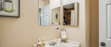 A bathroom with a white sink, a mirror, and a framed artwork above it.