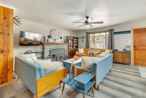 TV, fireplace, books