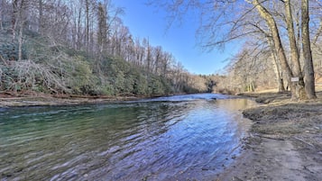 A river flowing through a forested area with trees and a clear sky.