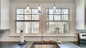 A kitchen with a stainless steel sink, a window with a view of trees, and pendant lights. - Hike, Fish & Relax: Family Boone Gem w/ Views! (Boone)