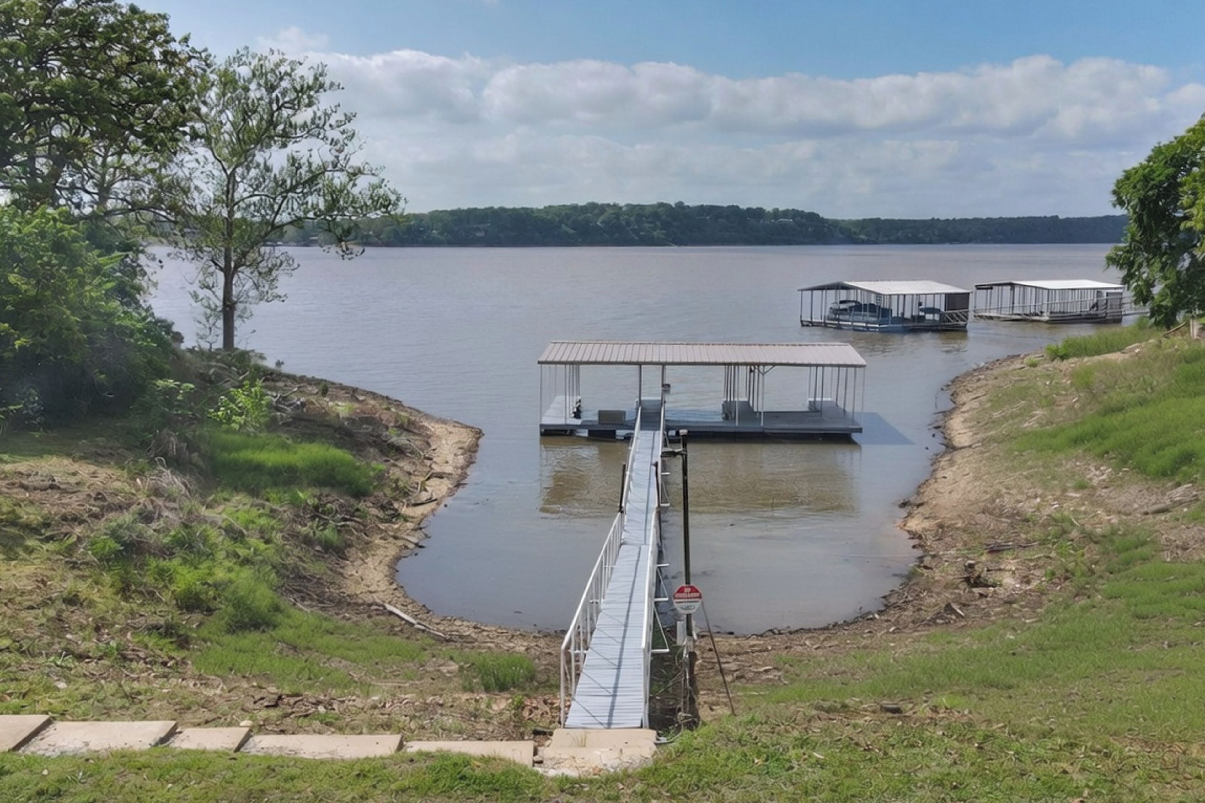 A lakeside dock with a pedestrian bridge leading to floating structures.