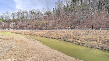 A river with a grassy bank and trees in the background.