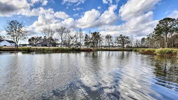 A calm lake with reflections of trees and a clear sky.