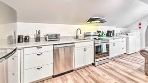 A modern kitchen with white cabinetry, stainless steel appliances, and a wooden floor. - Fayetteville Apartment w/ Yard: Pets Welcome! (Fayetteville)