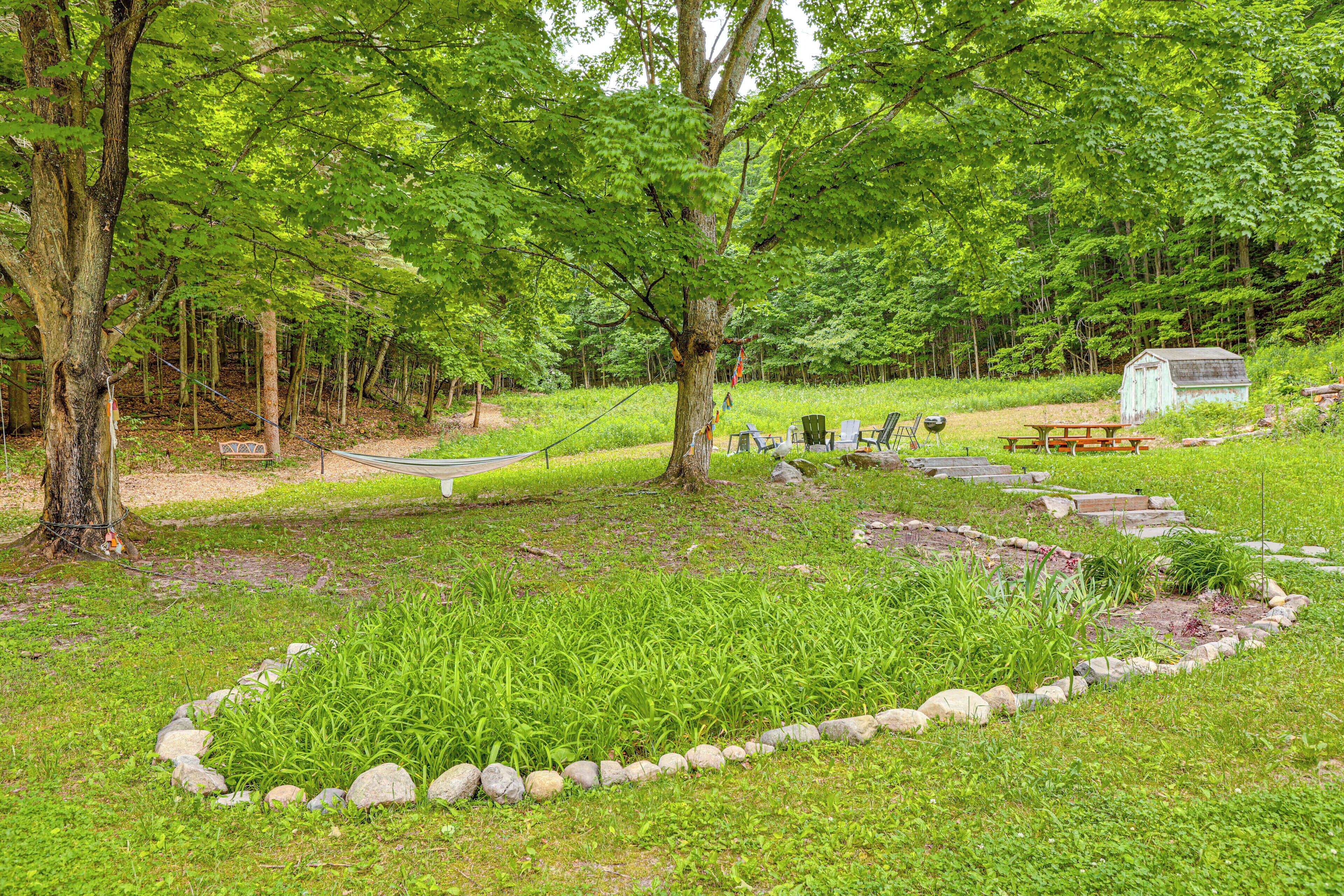 A campsite with picnic tables, a hammock, and a small shed.