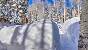 Schneebedeckte Landschaft mit einer Holzhütte und verschneiten Bäumen.