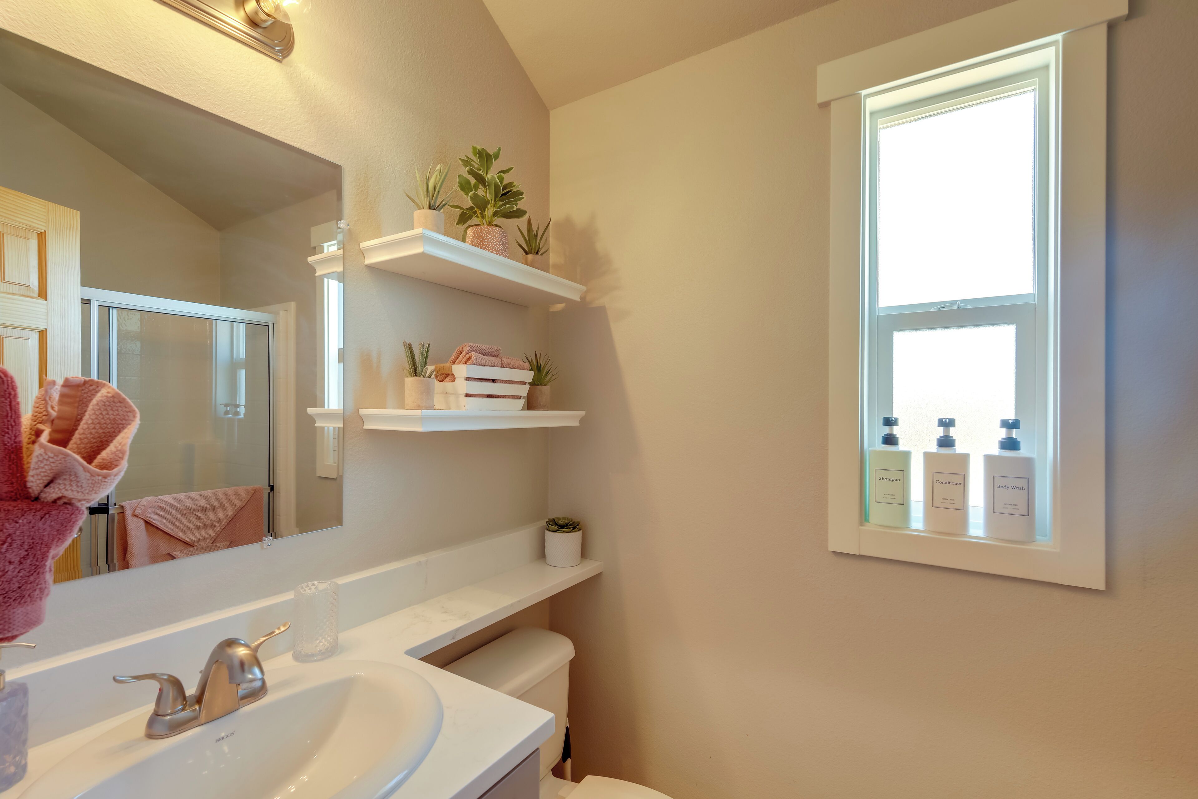 A bathroom with a white sink, a mirror, a window, and shelves with toiletries and plants.