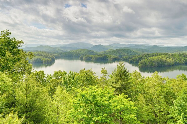 Un lago rodeado de bosque denso y montañas bajo un cielo nublado.