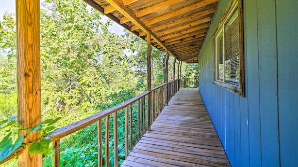 Una terraza de madera con barandilla, rodeada de abundante vegetación.