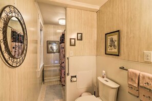 A bathroom with a toilet, a sink, a mirror, and a shower area. - Waynesville Creekside Cottage: Outdoor Relaxation! (Waynesville)