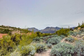 A desert landscape with sparse vegetation, a few buildings, and distant mountains. - Luxe Catalina Foothills Hideaway w/ Private Pool (Tucson)