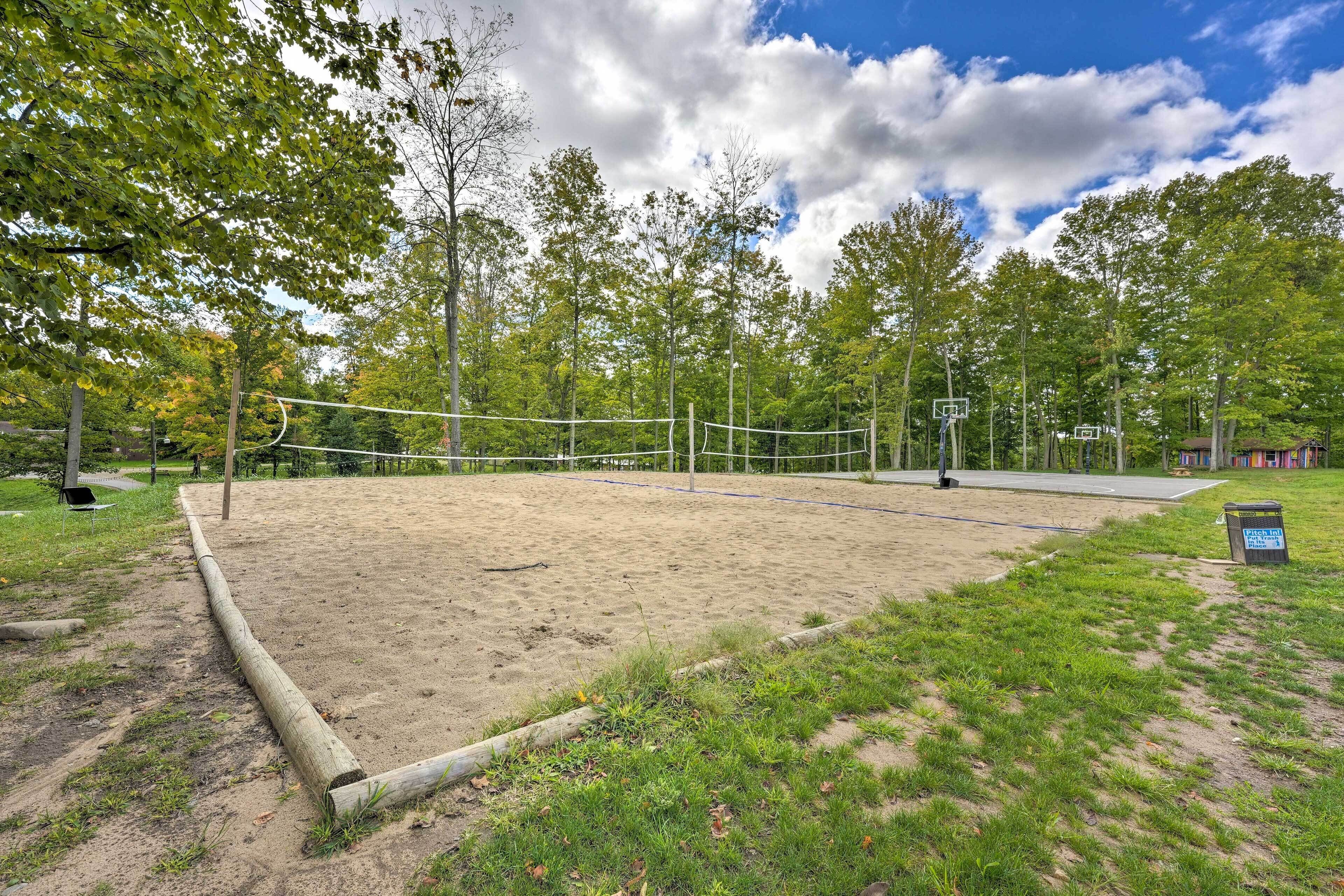 A volleyball court with a net, surrounded by trees and a clear sky.