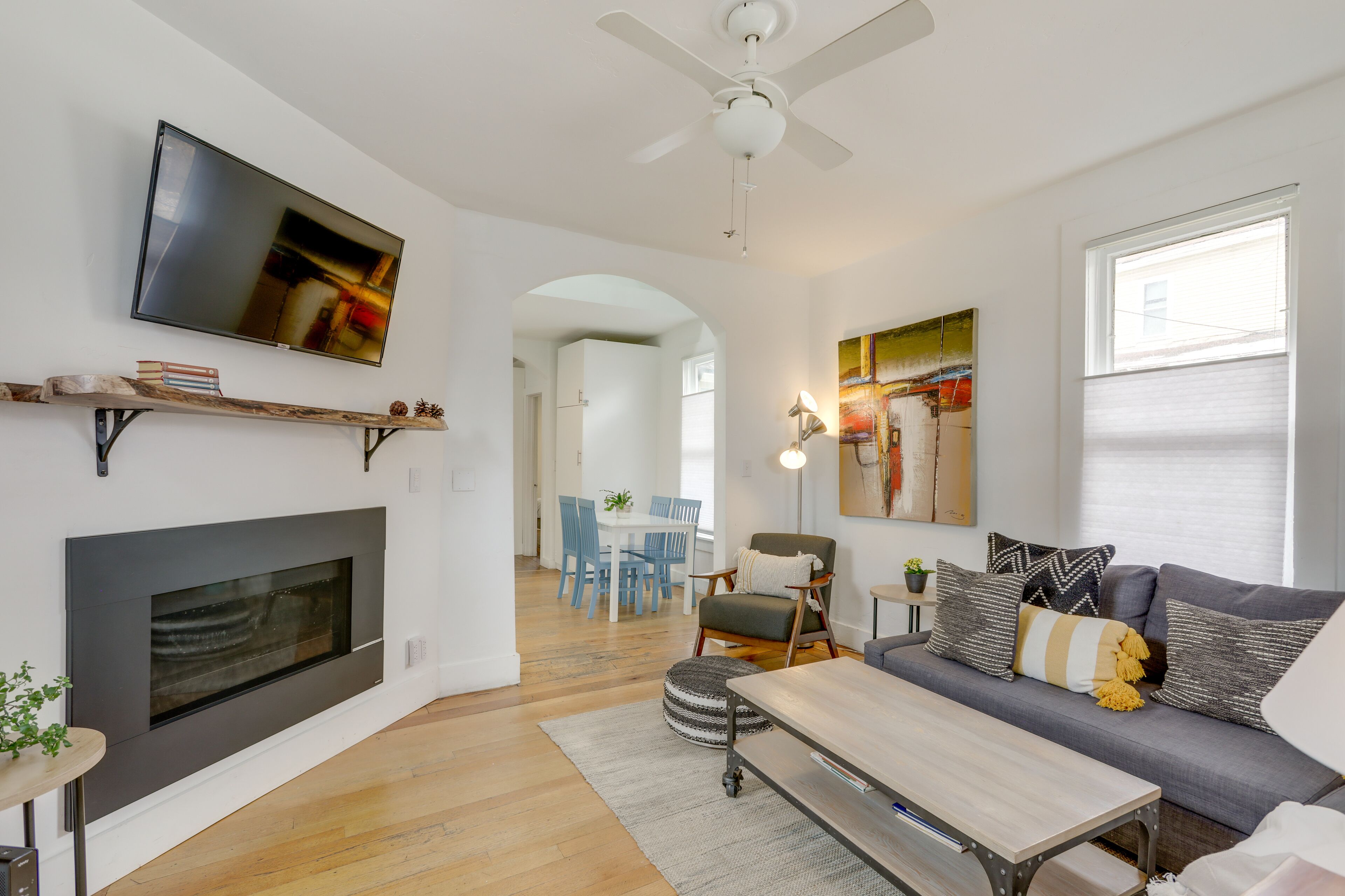 TV, fireplace, books