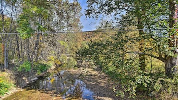 A natural landscape with a stream, trees, and a bridge.