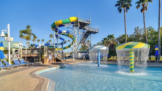 Une piscine avec un toboggan, des chaises longues et des palmiers.