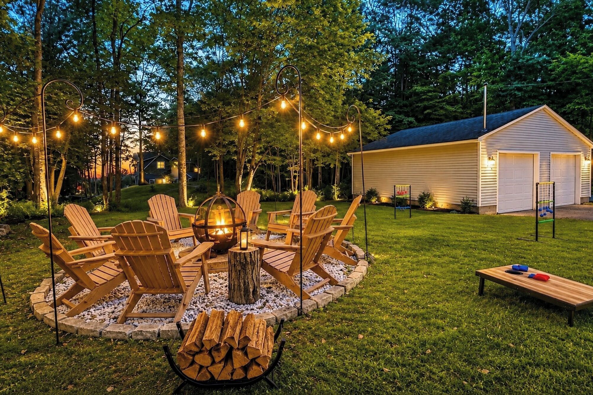 A cozy outdoor seating area with Adirondack chairs, a fire pit, and string lights.