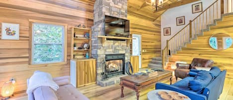 TV, fireplace, books
