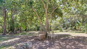 A park with a wooden bench and a metal chair under a tree. - St Petersburg Vacation Home 6 Mi to St Pete Beach! (St. Petersburg)
