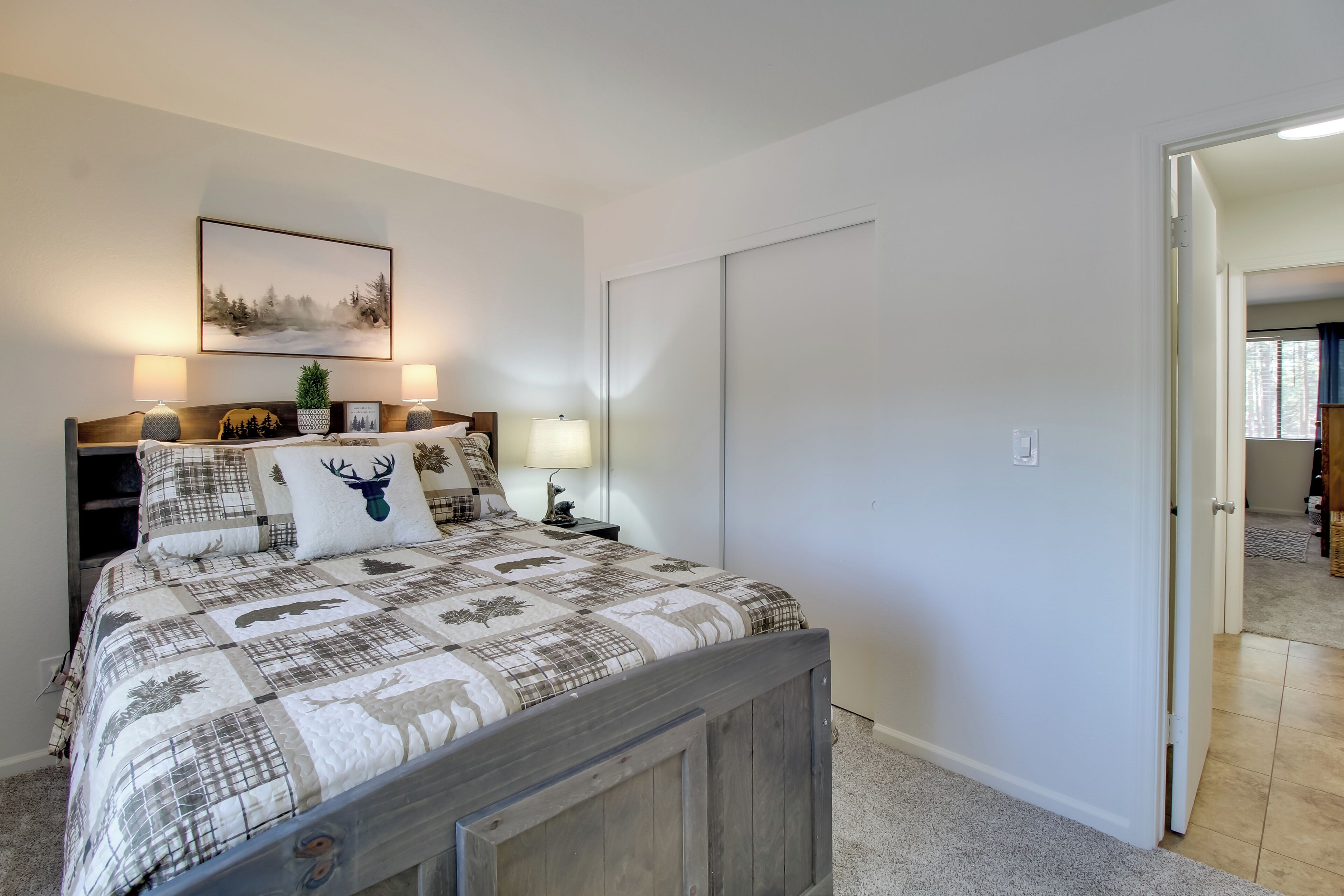 A bedroom with a bed, two bedside tables, a nightstand, a wall-mounted picture, and a closet.