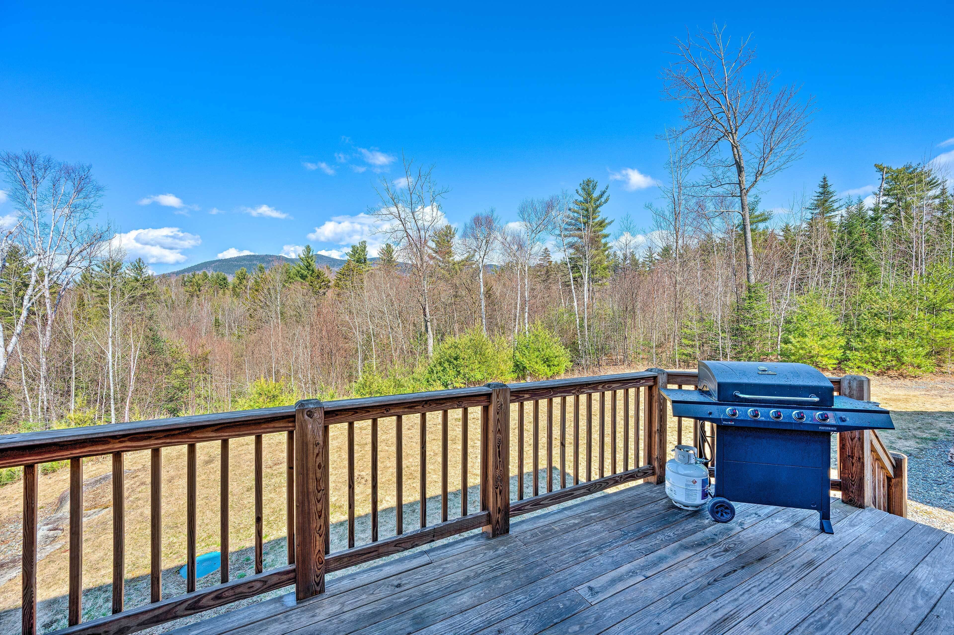 Eine Holzterrasse mit Grill und Propangasflasche.