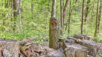 A forest scene with a large tree stump and a carved wooden face.