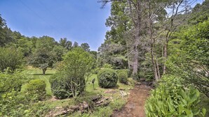 A lush garden with a stream, surrounded by dense trees and well-maintained lawns. - Settlers Mountain Retreat: On-site Hikes & Views! (Bryson City)