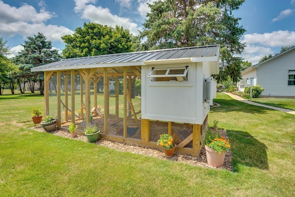 A wooden greenhouse with a metal roof, surrounded by potted plants and a lawn.