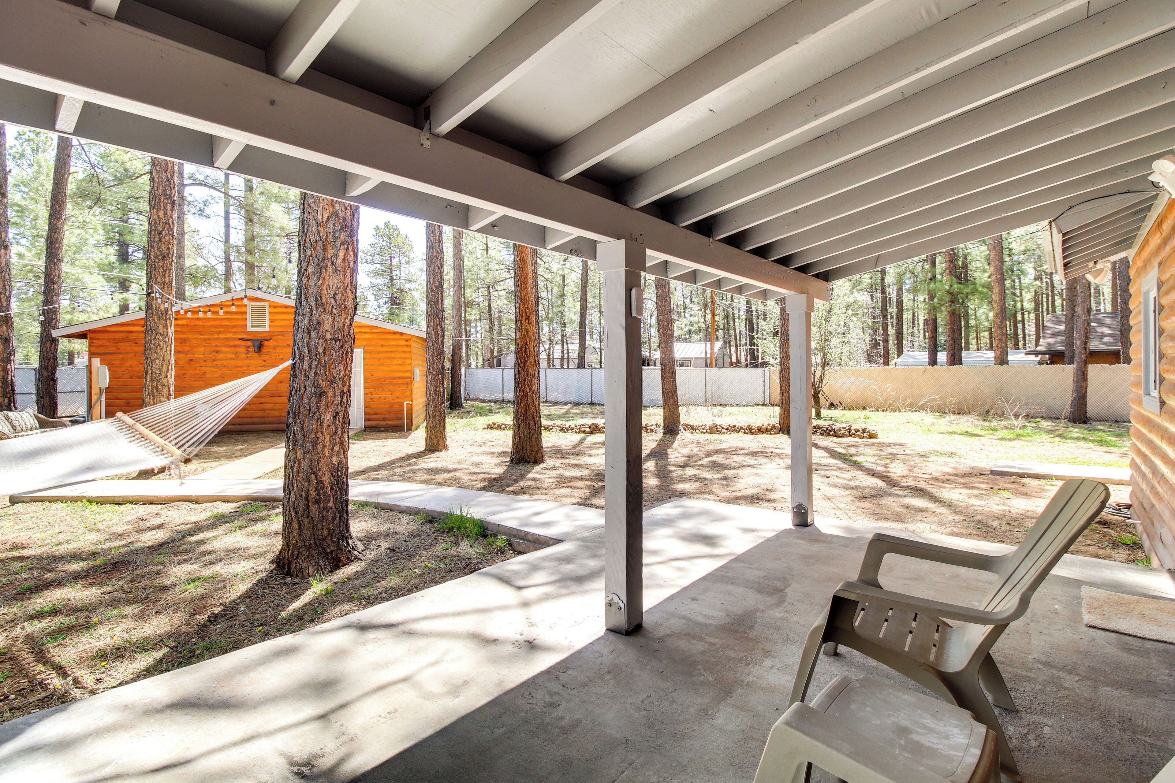 Un'area esterna riparata con un'amaca, una cabina di legno e un patio in cemento.