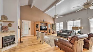 TV, fireplace, books