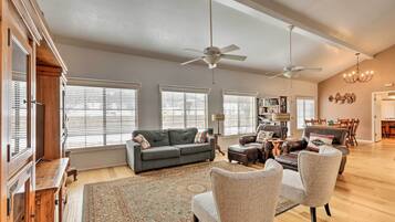 TV, fireplace, books