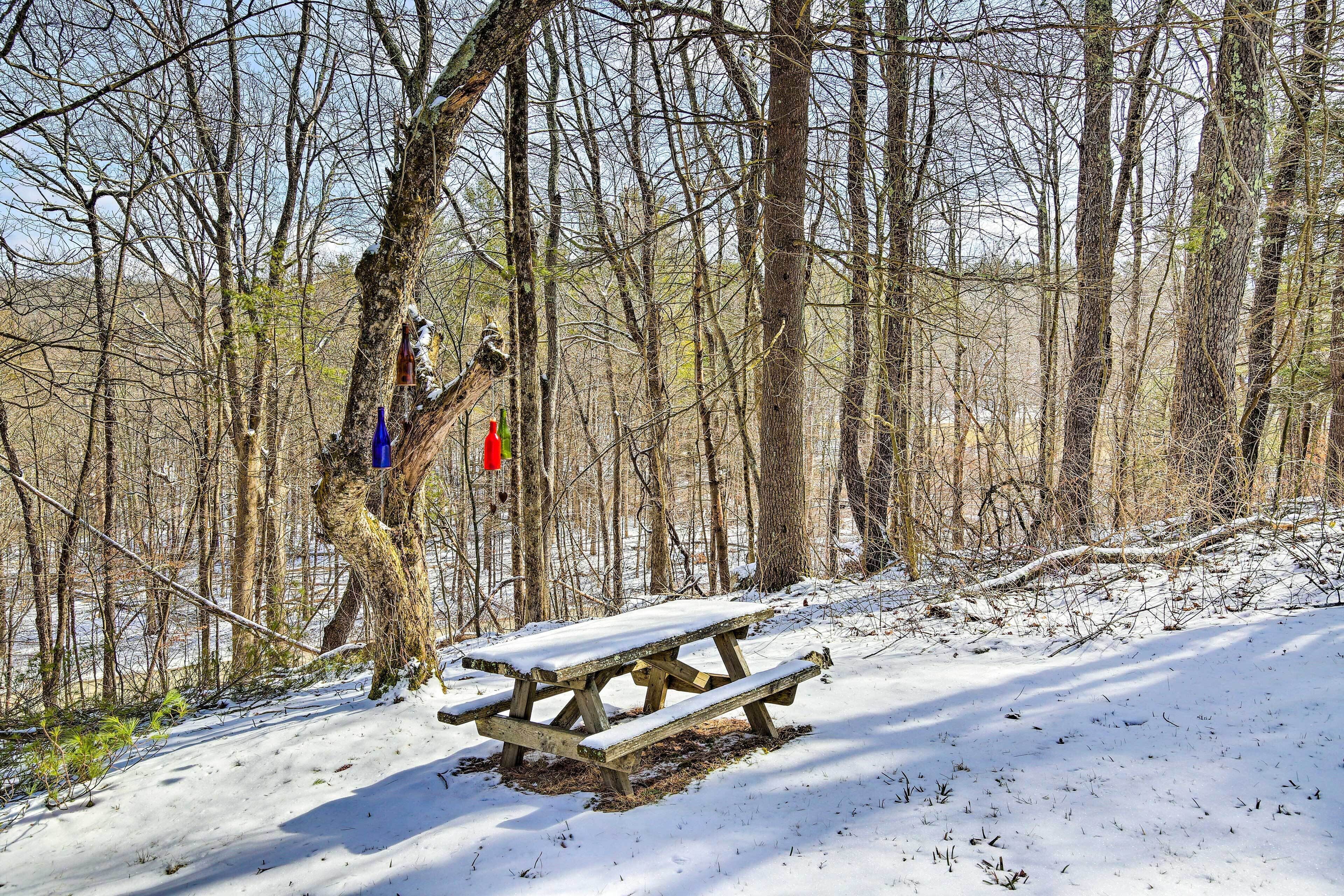 Una mesa de picnic cubierta de nieve en un área boscosa con árboles desnudos y un cielo despejado.