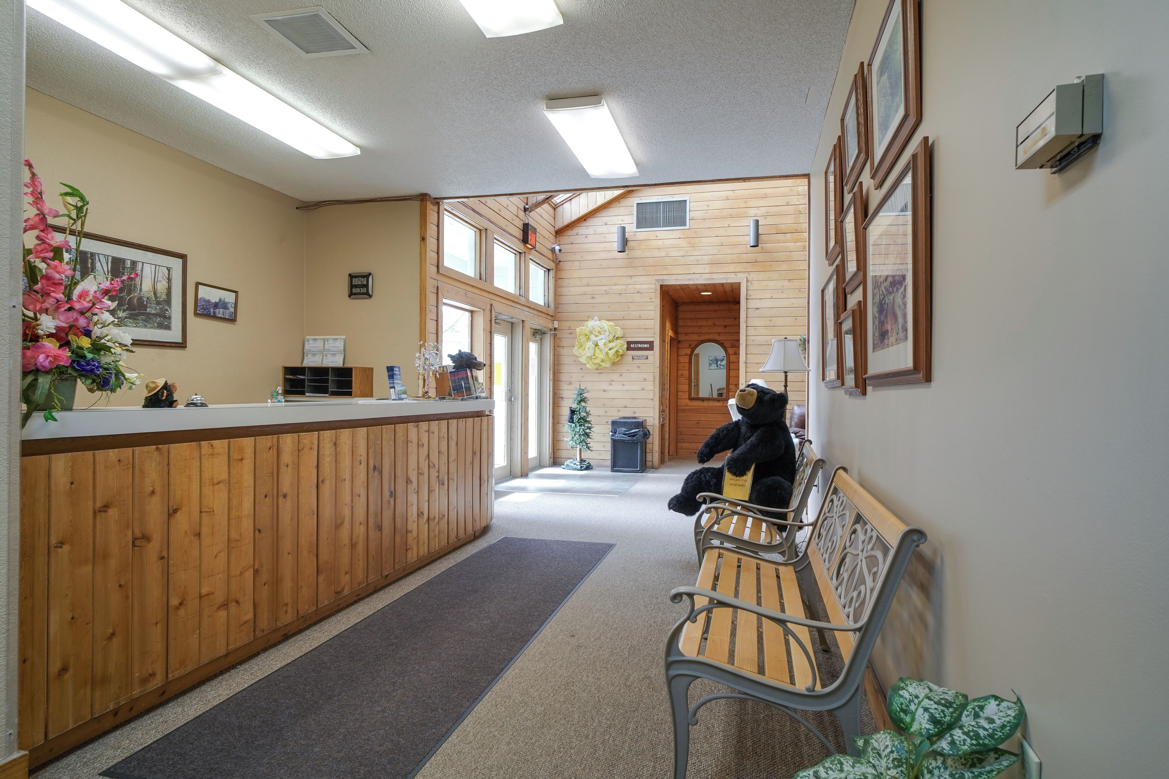 A reception area with a wooden counter, a bench, and a teddy bear.