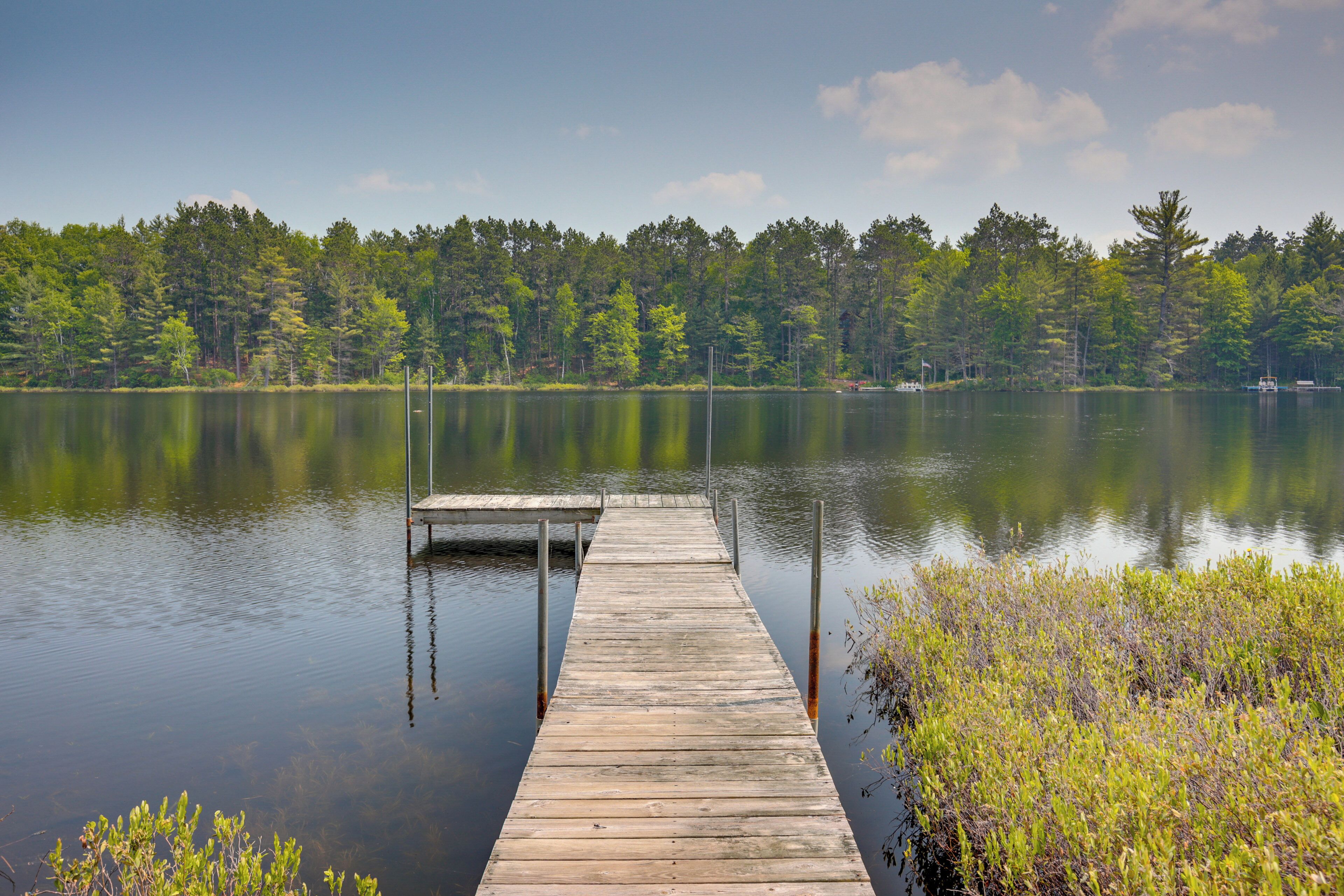 A wooden dock extending into calm waters, surrounded by dense forest.