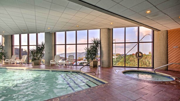 Una piscina interior con vistas despejadas al exterior, rodeada de sillones de descanso y plantas en macetas.