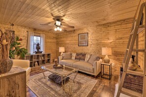 TV, fireplace, books