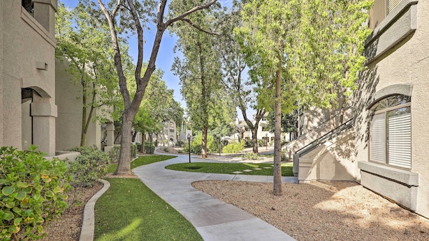 Un sentier aménagé, bordé d’arbres et traversé par une pelouse bien entretenue, mène à un bâtiment à la façade en pierre.