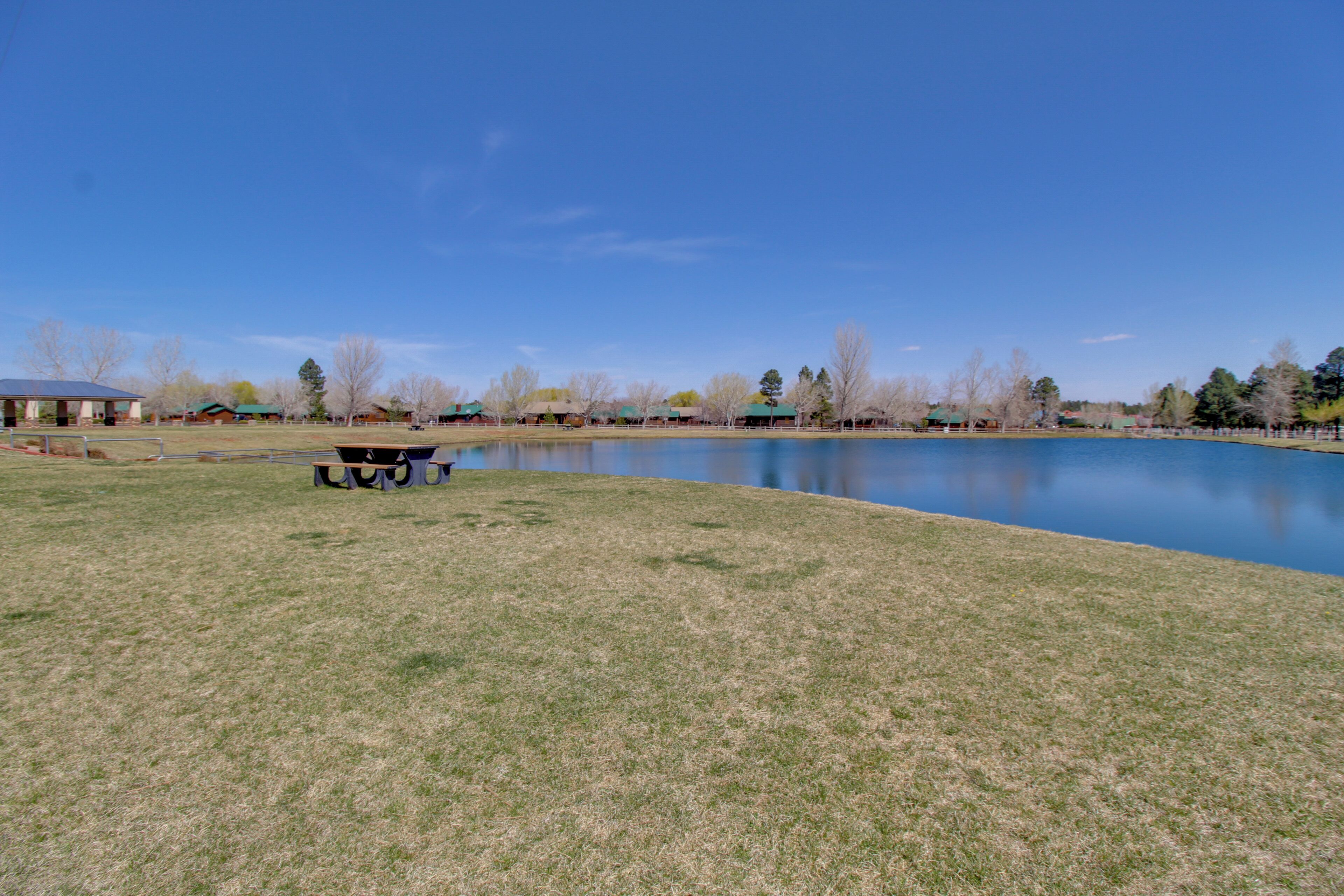 A large, calm lake with a grassy area in the foreground and buildings in the background.