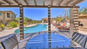 A covered pool area with lounge chairs and a table, surrounded by cacti and desert plants. - Scottsdale Condo w/ Resort-style Perks! (Scottsdale)