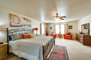 4 bedrooms, laptop workspace, iron/ironing board, bed sheets