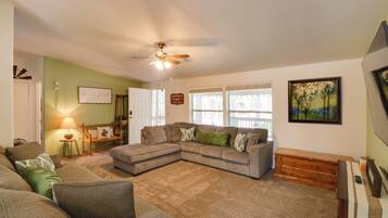 TV, fireplace, books