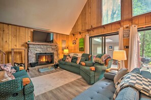 TV, fireplace, video game console, books