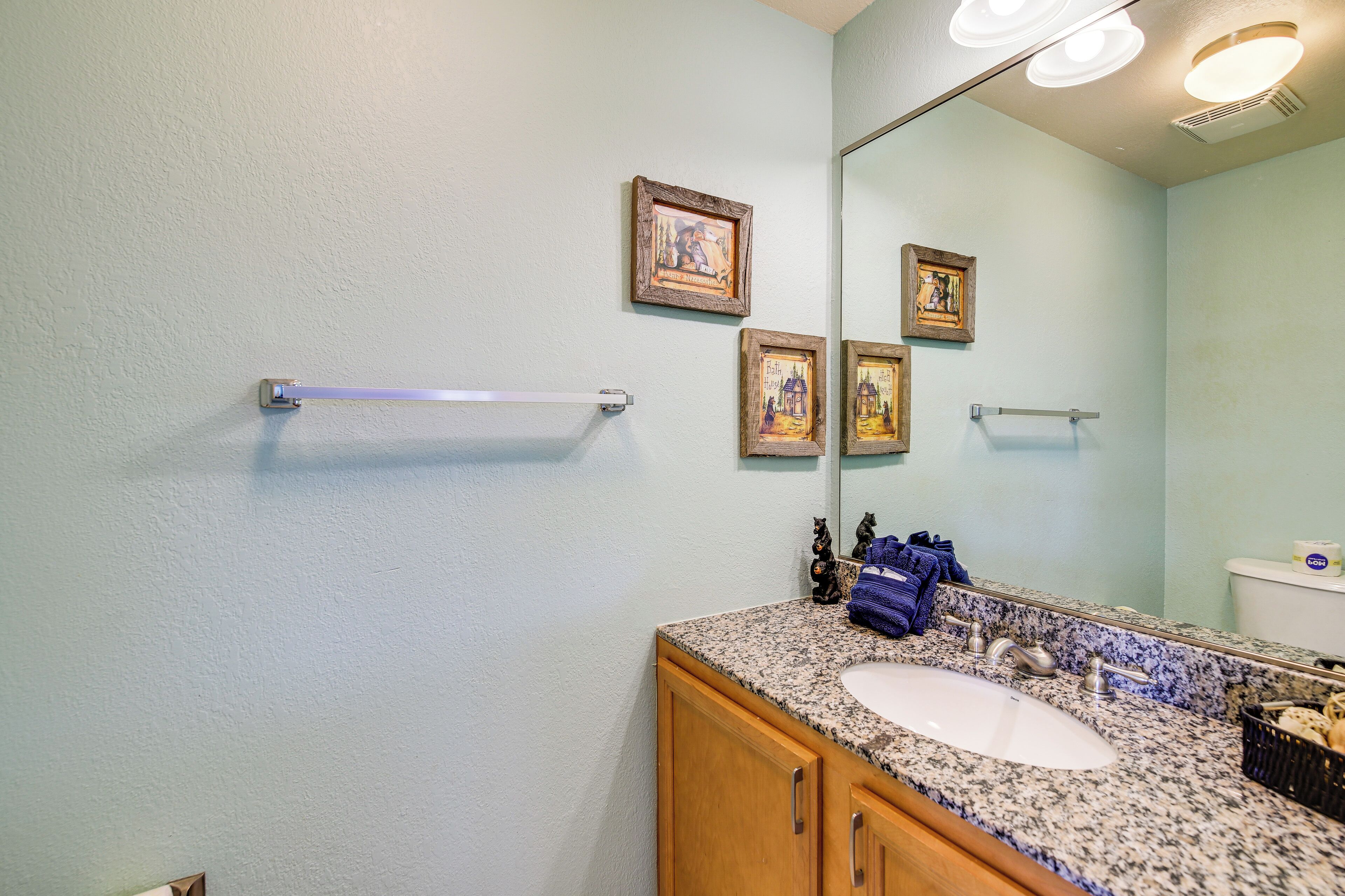 A bathroom with a granite countertop, a white sink, wooden cabinets, a towel rack, and framed pictures on the wall.