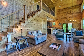 TV, fireplace, books