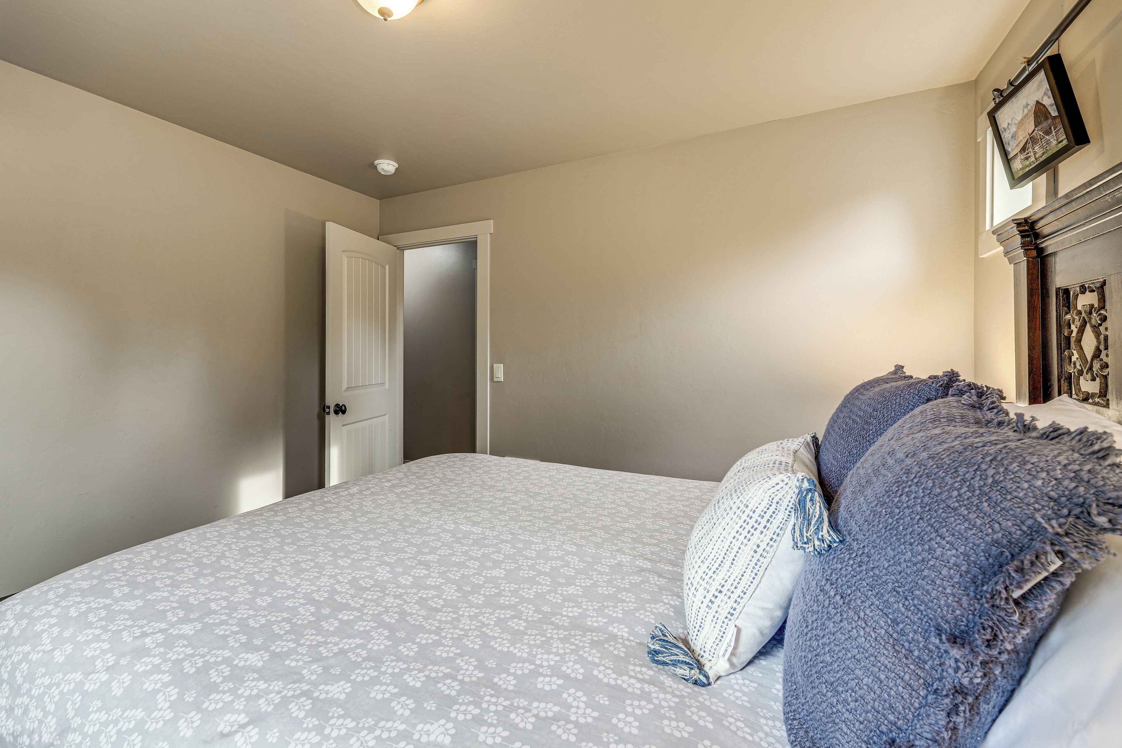 A bedroom with a bed, a door, and a wall-mounted picture.