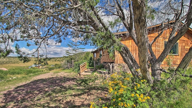 A rustic wooden cabin with a dirt path leading to it, surrounded by greenery and a clear sky.