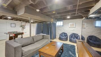 TV, fireplace, books