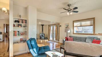 TV, fireplace, books