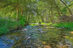 Un ruisseau aux eaux claires serpente à travers une zone boisée, parsemée de rochers et de végétation.