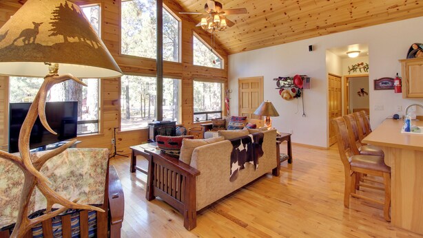 A spacious living area with a wooden ceiling, large windows, a sofa, a television, and a dining area with chairs and a table.