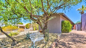 A garden with a white metal bench, a tree, and a building in the background. - Paradise Valley Cottage Near Hiking Trails! (Paradise Valley)